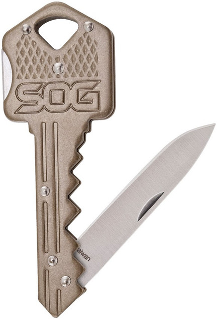SOG Key Knife, Brass Handle, Folding Lockback, Satin Finish 