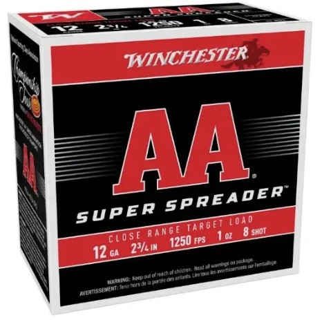 Winchester AA Super Spreader, 12 Gauge, 2-3/4" Close Range Target Load, 1 oz #8 Shot, 25 Rounds 