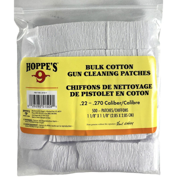 Hoppe's Bulk Cotton Gun Cleaning Patches, .22-.270 Caliber, 1-1/8" Square, 500 Count 