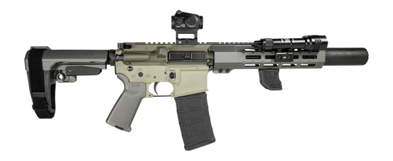 Shark Coast Tactical Sneeky Pete Deluxe w/ Vortex Crossfire Red Dot, 5.56 NATO, 7.50" Threaded Barrel, 30 Rds, M-LOK Handguard, Two-Tone Green Cerakote 