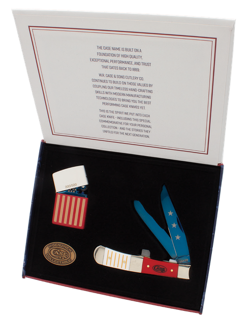 Case 250th Red and White Synthetic Trapper Folding Knife w/ Zippo Lighter, Stainless Steel Blades, Red/White/Blue Synthetic Handle, Blue PVD Finish 