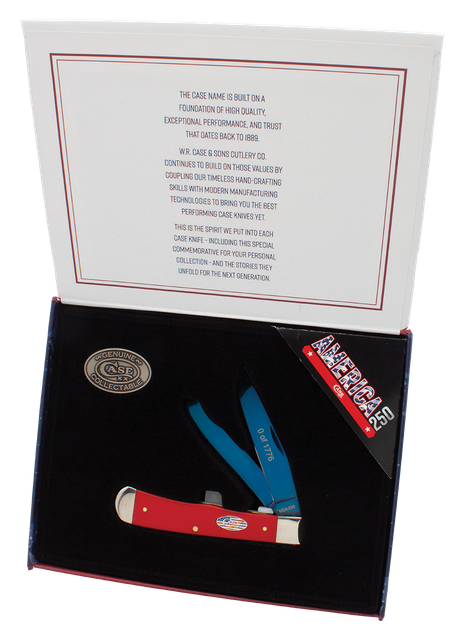 Case Limited Edition USA 250 Smooth Red Synthetic Trapper, Blue PVD Tru-Sharp Stainless Steel Blades, Red/White/Blue Patriotic Handle, Slipjoint 