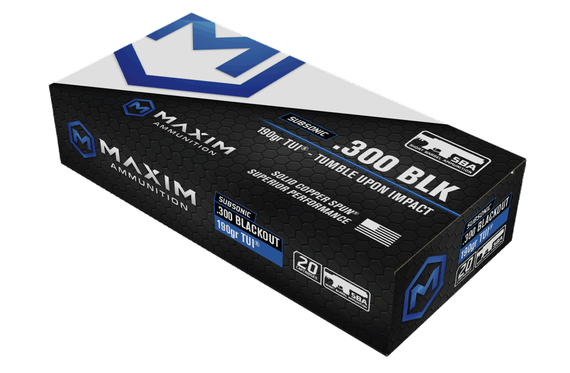 Maxim Defense SBA Short Barrel Ammunition, 300 Blackout, 190gr TUI, Subsonic, 20 Rds 