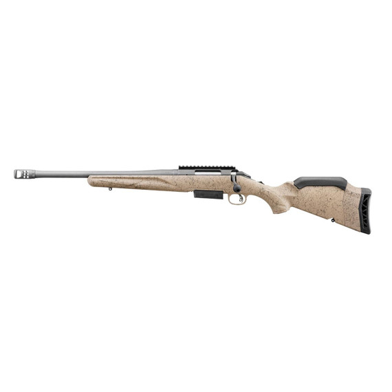 Ruger American Rifle Gen II Ranch, 450 BUSHMASTER, 16.10" Threaded Barrel, 3 Rds, Night Sights, Cobalt Cerakote / Flat Dark Earth Splatter 