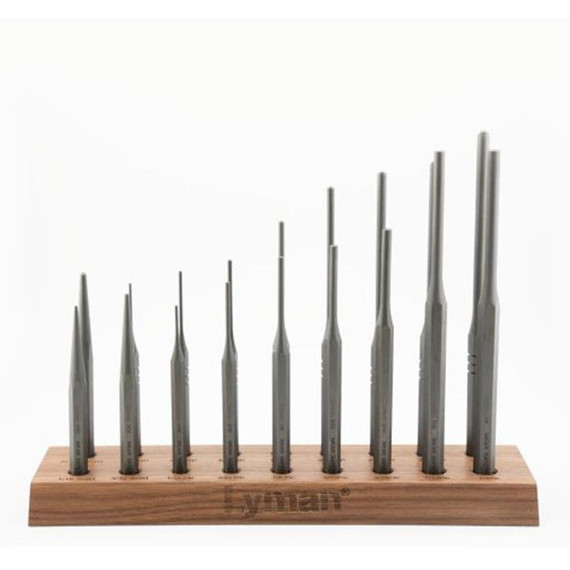 Lyman Armorer’s 18 Piece Hex Punch Set with Stand, Tough Steel Punches, Walnut Bench Block Stand, Grey 
