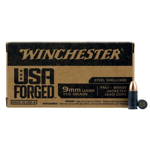 Winchester USA Forged, 9mm Luger 115 Grain FMJ, Steel Shellcase, Made in USA, 500-Round Case 