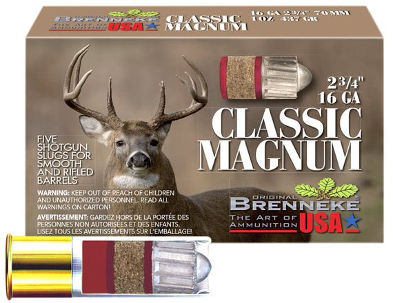 Brenneke Classic Magnum, 16 Gauge 2.75" 1oz Slug, 5 Rds, Brass 
