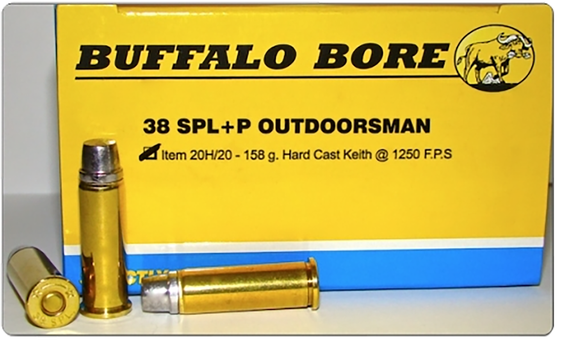 Buffalo Bore Outdoorsman 38 Special +P 158gr Hard Cast Keith Ammunition, 20 Rounds, Brass Case 
