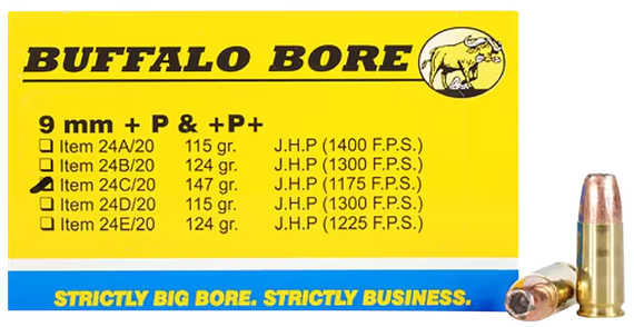 Buffalo Bore 24C20 Strictly Business, 9MM Luger +P+, 147 gr JHP, 20 Rds 