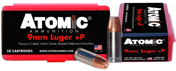Atomic 00409 Precision Craft, 9mm Luger +P, 124gr Bonded Match Hollow Point, 50 Rds 