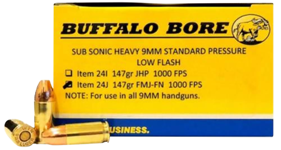 Buffalo Bore 24J20 Subsonic Strictly Business, 9mm Luger, 147gr FMJ Flat Nose, 20 Rds 