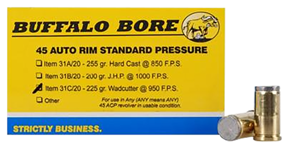 Buffalo Bore Standard Pressure Strictly Business 45 Auto Rim 225gr Wadcutter Ammunition, 20 Rds 