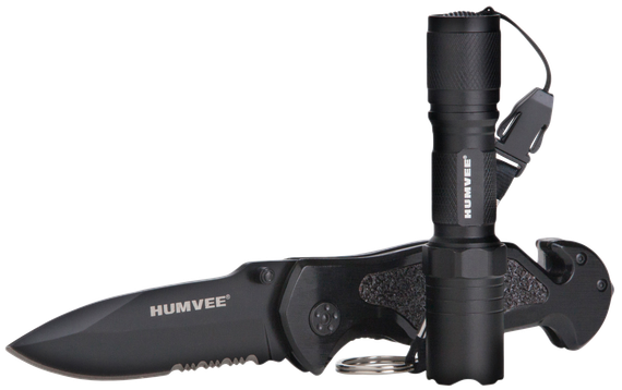 Humvee HMVKCER1 Rescue Combo, Knife and Tactical LED Flashlight, Black Finish 