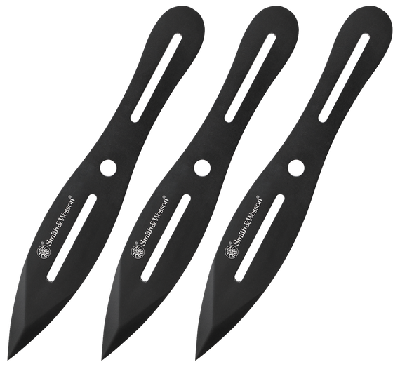 Smith & Wesson Bullseye, Throwing Knives Set of 3, 4.26" Fixed Plain Black Oxide Blade, Black Stainless Steel Handle, Includes Sheath 