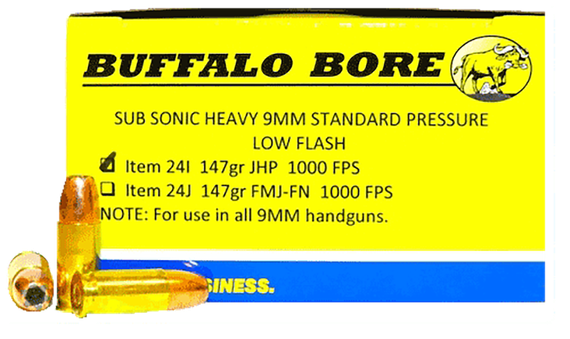 Buffalo Bore Subsonic Heavy Standard Pressure, 9mm Luger, 147gr Jacketed Hollow Point, 20 Rds 
