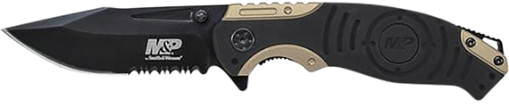 Smith & Wesson M&P, Folding Liner Lock Knife, 3.50" Drop Point Part Serrated Stonewashed Blade, Black/Tan Aluminum Handle 