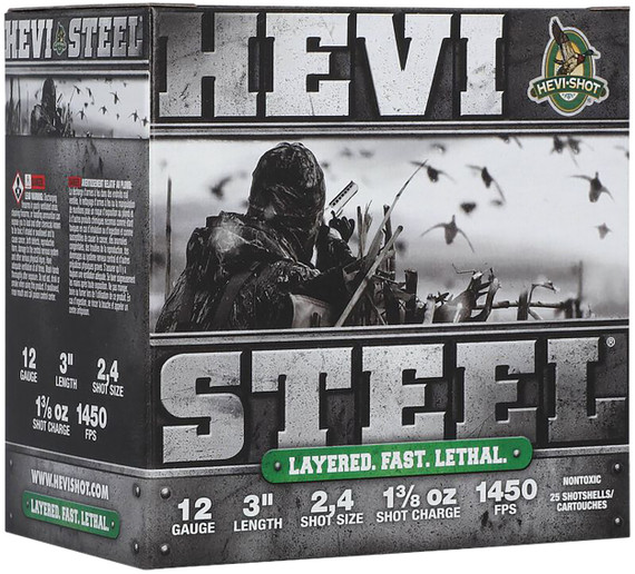 HEVI-Shot HEVI-Steel Waterfowl, 12 Gauge, 3" Shell, 1 3/8 oz, 2/4 Shot, 25 Rds 