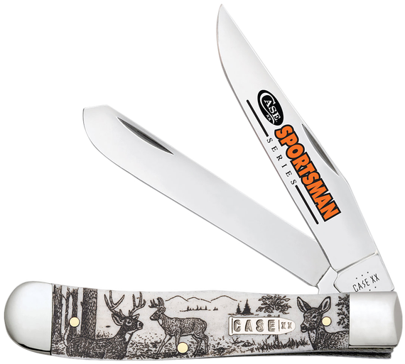 Case Sportsman Trapper 81220, Mirror-Polished Tru-Sharp SS Clip and Spey Blades, Deer Embellished Smooth Natural Bone Handle 