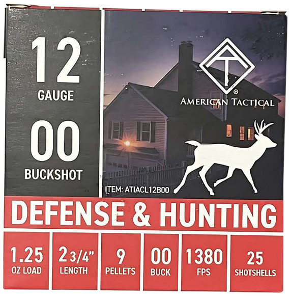 American Tactical 12 Gauge 00 Buckshot, 2.75" Shell, 1.25 oz Load, 9 Pellets, 25 Shotshells 