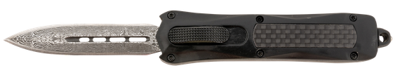 Steel River Knives Spartan Mini, OTF Dagger, Damascus 440C SS Blade, Black Aluminum Zinc Alloy Handle w/ Carbon Fiber Inlay 