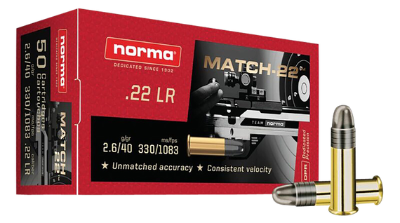Norma Match-22 Dedicated Precision, .22 LR, 40gr Lead Round Nose, 50 Rds 