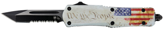 Templar Knife We The People Gen II Small OTF, 2.25" Tanto Part Serrated 440C Stainless Steel Blade, White US Flag Aluminum Handle 
