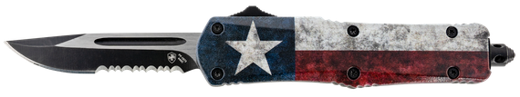 Templar Knife Gen II Captain, Small OTF, 2.69" Drop Point Part Serrated Blade, Red/White/Blue Texas Flag Aluminum Handle, Black Oxide Stonewashed Finish 
