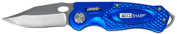 AccuSharp 701C Sport, 3" Folding Plain Stainless Steel Blade, Blue Anodized Aluminum Handle, Includes Belt Clip 