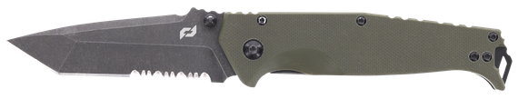 Schrade Melee, 3.50" D2 Dark Stonewash Tanto Part Serrated Blade, OD Green G10/SS Handle 