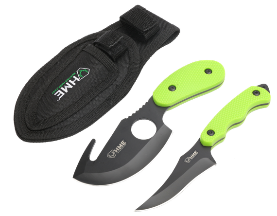 HME Skinning Kit, 2-Piece Fixed Skinner w/ Gut Hook/Caping, Black Oxide Blade, TPR Green Handle 