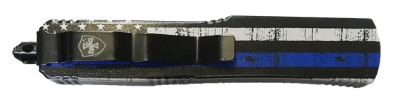 Templar Knife Back The Blue Gen II Slim, 3.43" OTF Drop Point Plain Black Oxide Stonewashed 440C Stainless Steel Blade, Black & White w/ Blue Line Aluminum Handle, Glass Breaker 