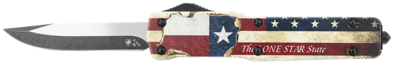 Templar Knife Premium Weighted Texan Slim, 3.16" OTF Drop Point Blade, Powdered D2 Steel, Red/White/Blue "The LONE STAR State" Handle, Black Oxide Stonewashed Finish 