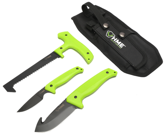 HME 3-Piece Field Kit, 420HC Black Oxide Blades, Green Thermoplastic Rubber Handles, Black 