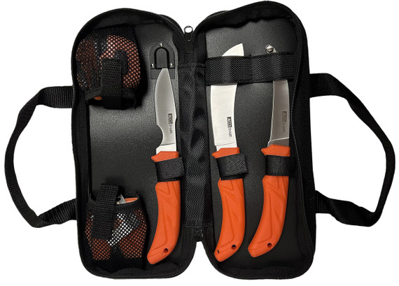 Accusharp Processing Kit, 6-Piece Butcher/Caping/Gutting Set, Blaze Orange Non-Slip Handles, Stainless Steel Blades, Nylon Case 