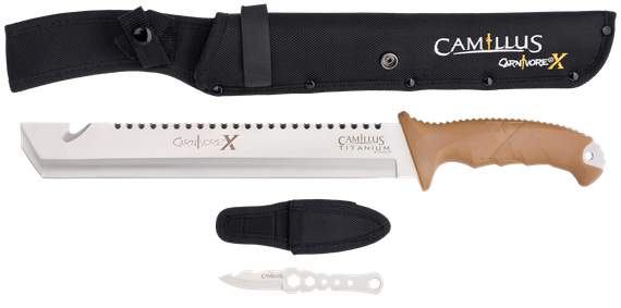 Camillus Carnivore X, Titanium Bonded 440 Stainless Steel Machete w/ Backup Fixed Blade, 12.00" Blade, 18.00" Overall Length, Coyote Brown Zytel Handle, Nylon Sheath 
