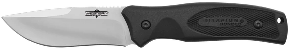 Camillus Western Black River, Fixed Drop Point Titanium Bonded Blade Knife, Black Rubber Handle, Satin Finish 