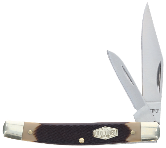 Old Timer Middleman Jack, Folding Clip/Sheepsfoot Plain Stainless Steel Blades, Black/Tan Sawcut Bone Handle 