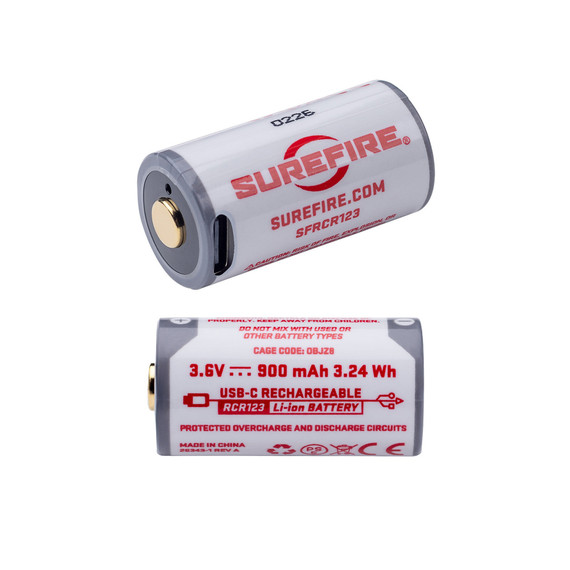 SureFire SFRCR123, USB-C Rechargeable RCR123 Li-ion Battery, 3.6V 900mAh 