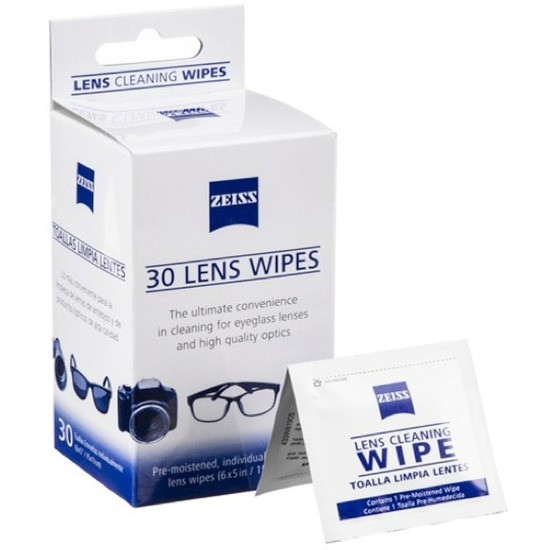 ZEISS Lens Wipes 30 ct Box, Individually Wrapped Pre-Moistened Microfine Tissue, Streak-Free Cleaning 