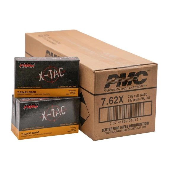 PMC X-TAC Rifle Ammunition, 7.62x51 NATO, 147gr FMJ-BT, 2,800 FPS, 500 Rounds Case (25 Boxes of 20) 