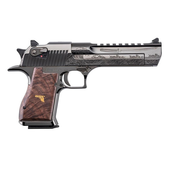 Magnum Research Desert Eagle Mark XIX Blemished, Engraved Dueling Katanas, .50 AE, 6.00" Barrel, 7 RDs, Walnut Grips, Black Nickel 