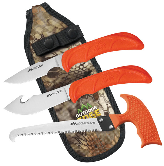 Outdoor Edge WildGuide, Caper/Skinner/Bone Saw Field Dressing Set, Blaze Orange Textured TPR Handles, Kryptek Nylon Sheath 