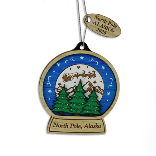 Santa, Trees, and Mountain Snow Globe Wood Ornament