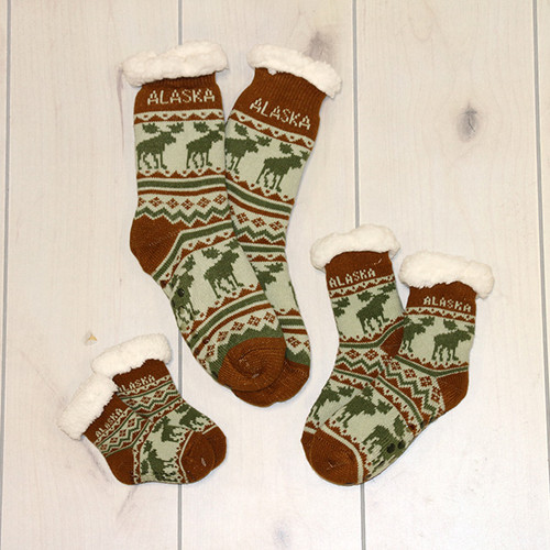 Green/Brown Alaska Moose Slipper Socks