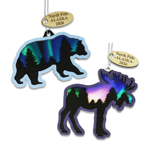 Moose & Bear Aurora Wood Ornaments