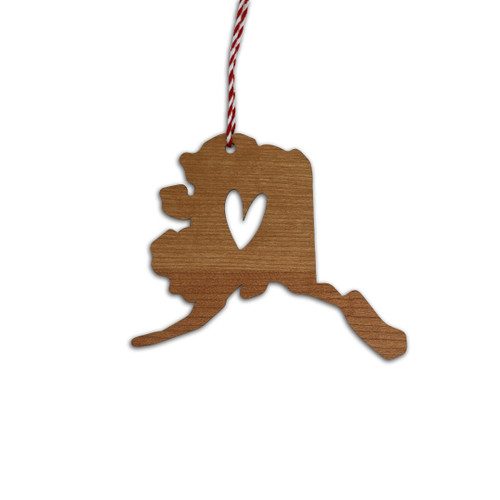 Alaska State Outline with Heart Wood Ornament