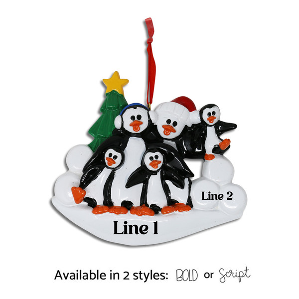 Personalized "Penguin Family of 5" Ornament