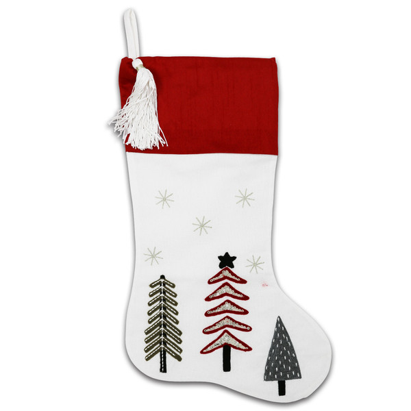 White/Red Embroidered Trees Stocking