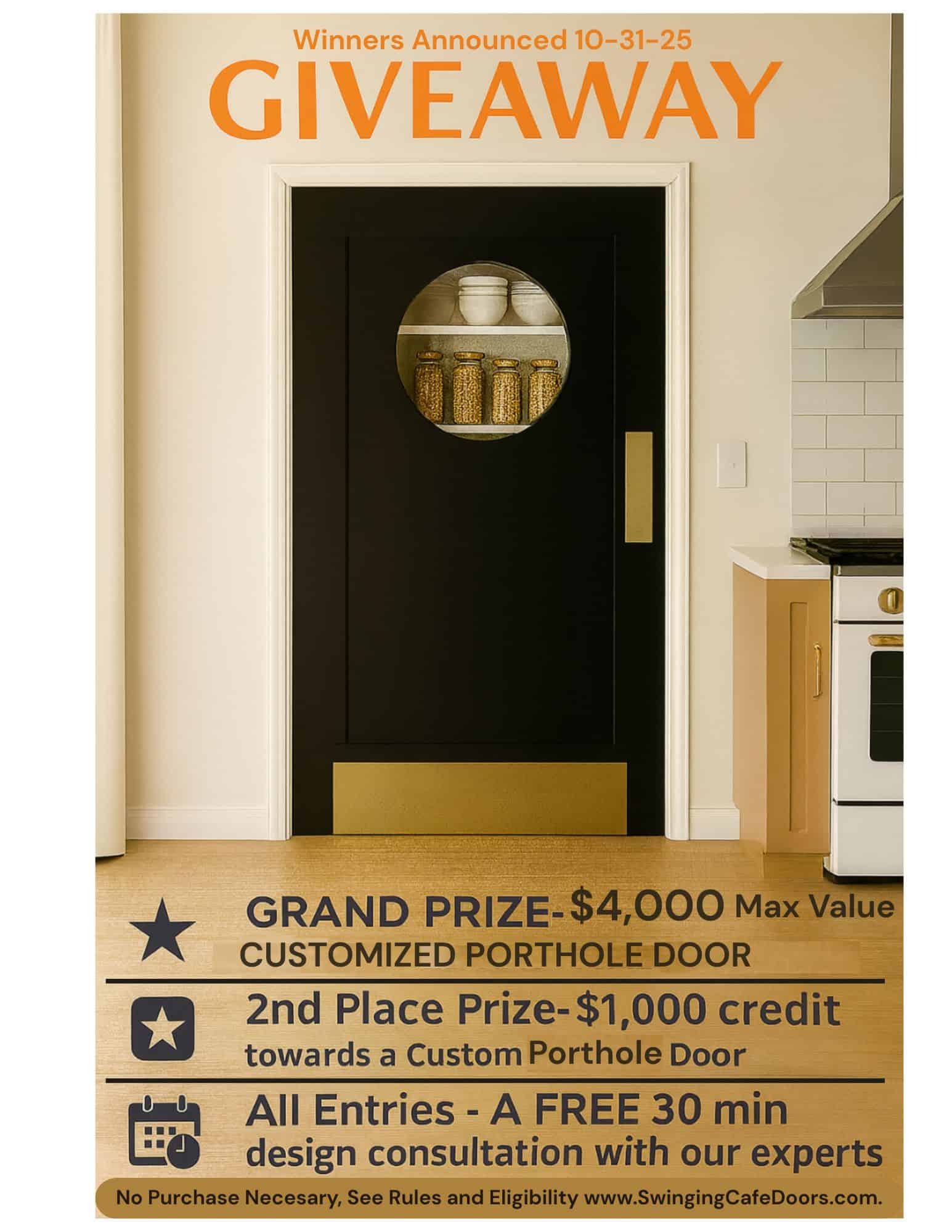 Giveaway flyer image: custom nautical porthole door, prizes, and entry info.