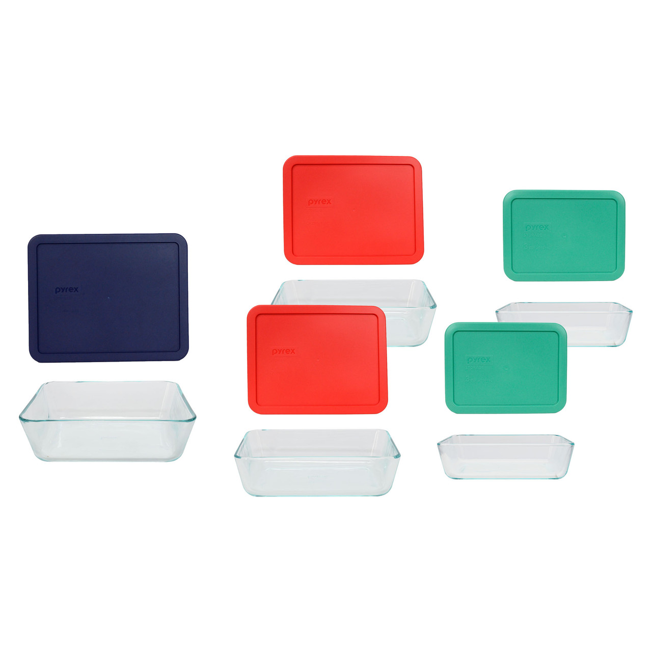 Pyrex Food Storage Set: (2) 7210 3-Cup, (2) 7211 6-Cup, & (1) 7212 11-Cup  Glass Dishes with (2) 7210-PC Light Green, (2) 7211-PC Red, & (1) 7212-PC  Blue Lids | Helton Tool and Home